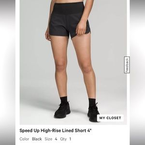 Lululemon Speed Up High-Rise Lined Short 4” Black Size 4